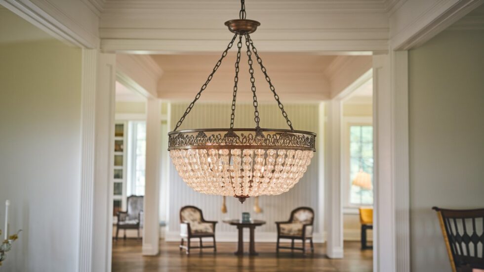 Decorative chandelier in a bright residential dining area