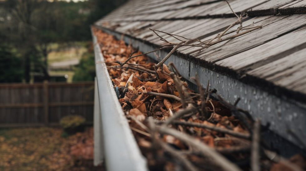 Leaves and debris in a residential rain gutter