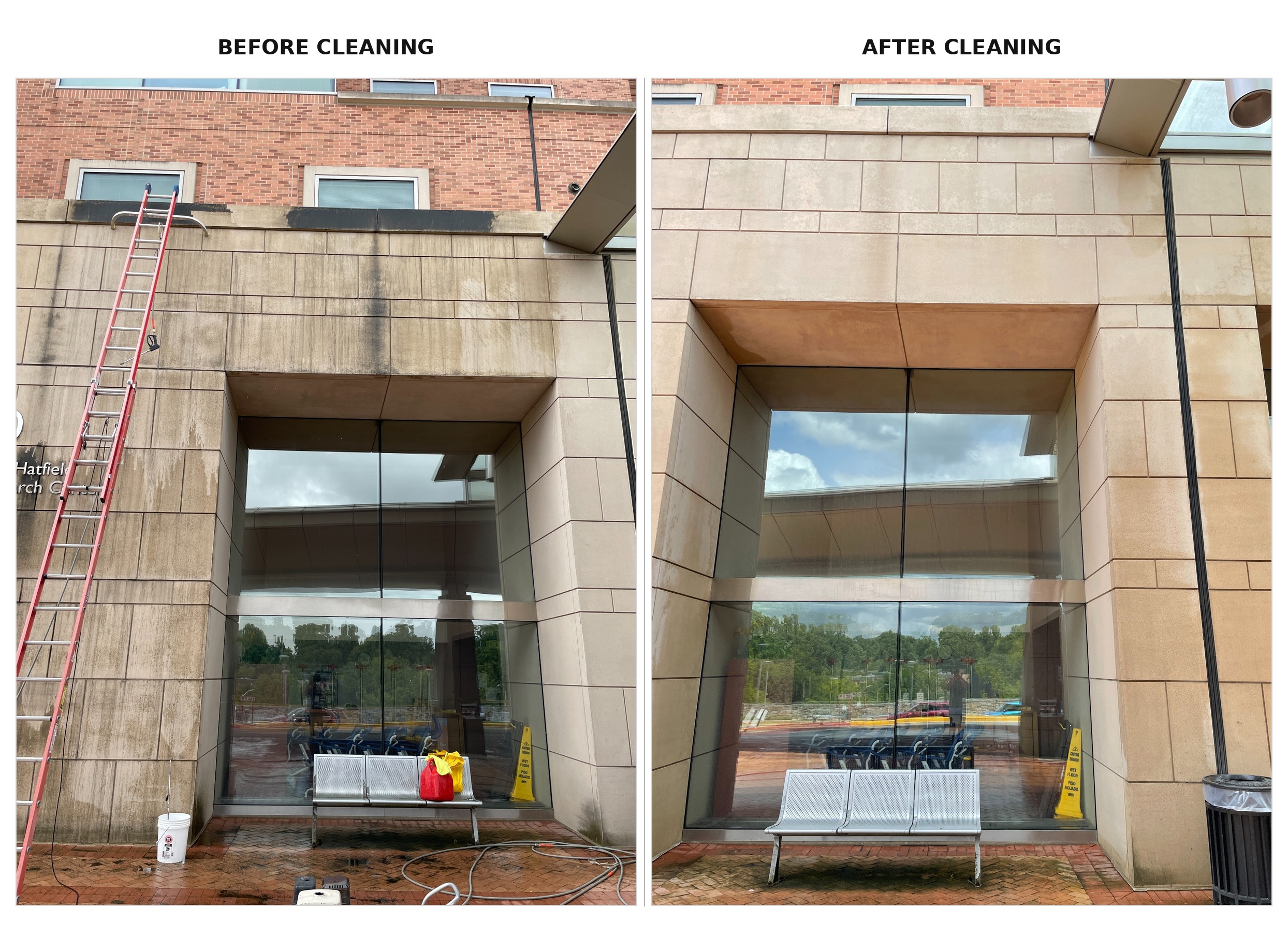 Commercial building facade before and after cleaning