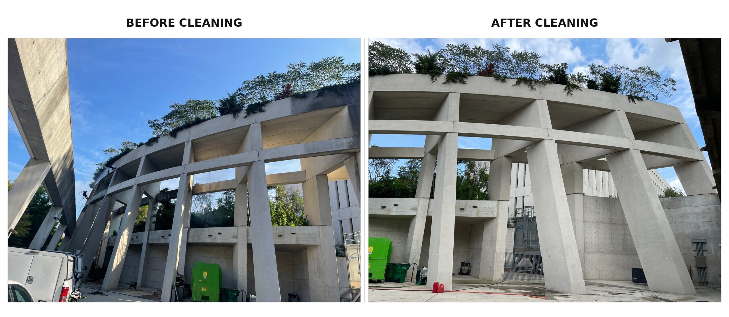 Commercial concrete facade before and after cleaning