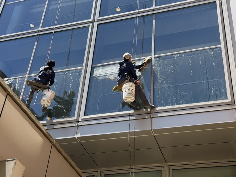 Two Top of the Line rope access technicians cleaning a commercial glass facade in Bethesda, Maryland