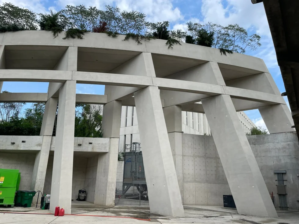 Light-colored geometric building facade after exterior cleaning