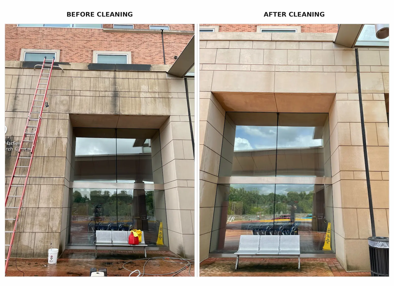Before and after facade cleaning around a commercial building entrance