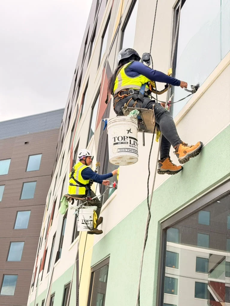 Two rope-access window cleaners working on a multistory facade