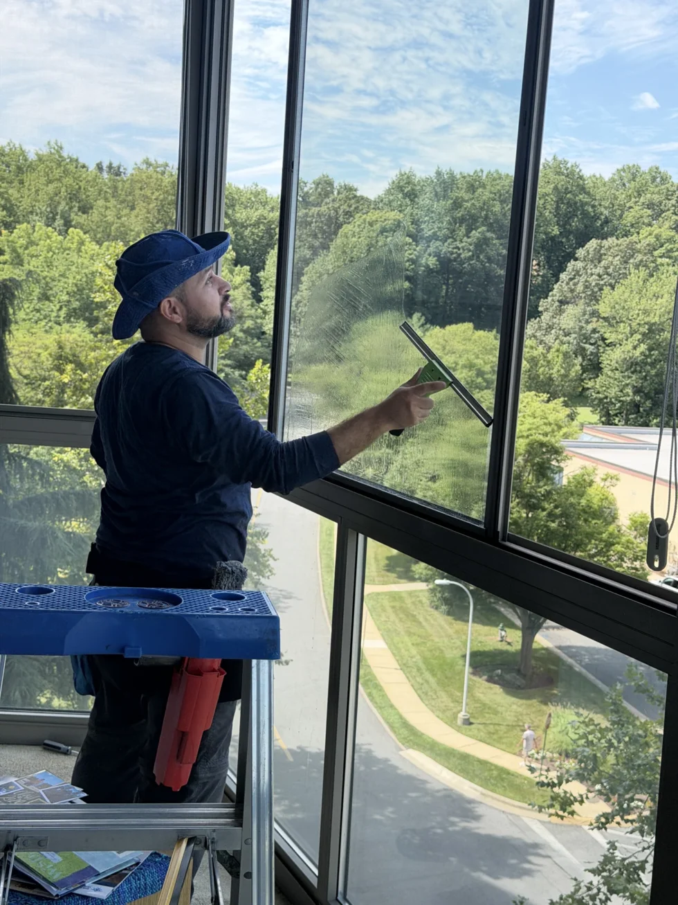 Technician cleaning a tall residential window with a view of trees