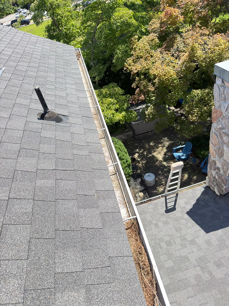 Leaves and debris inside a residential gutter viewed from the roof
