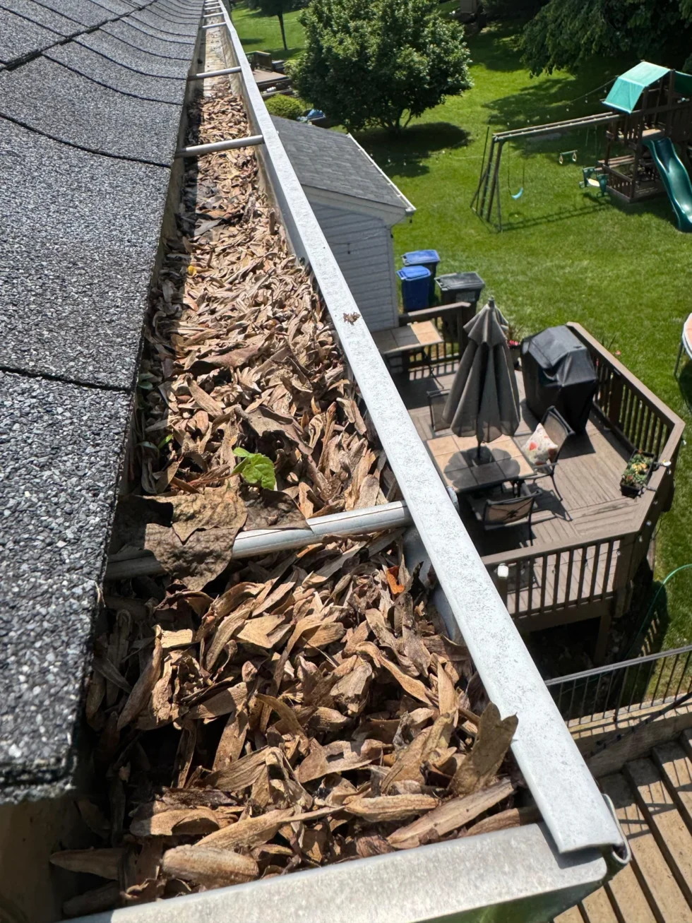 Residential gutter filled with leaves and roof debris